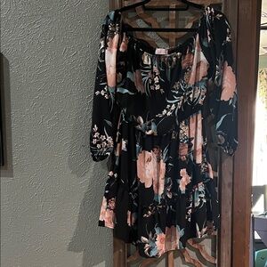 Pink Lily Black Off-Shoulder mini dress with Pink Floral Print